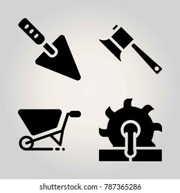 Garden vector icon set. trowel, axe, saw and wheelbarrow