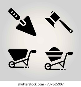 Garden vector icon set. trowel, wheelbarrow and axe