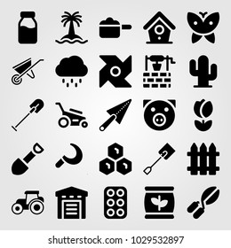 Garden vector icon set. tulip, wheelbarrow, butterfly and bird house