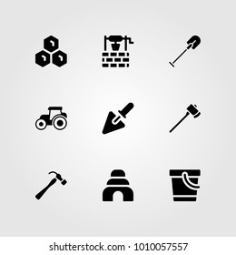 Garden vector icon set. well, axe, shovel and tractor