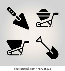 Garden vector icon set. wheelbarrow, trowel and shovel