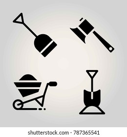 Garden vector icon set. wheelbarrow, axe and shovel