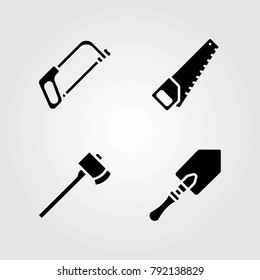 Garden vector icons set. axe, handsaw and shovel
