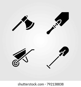 Garden vector icons set. axe, wheelbarrow and shovel