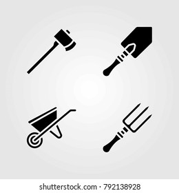 Garden vector icons set. axe, shovel and wheelbarrow