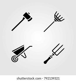 Garden vector icons set. axe, rake and wheelbarrow