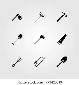 Garden vector icons set. axe, handsaw and shovel