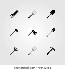Garden vector icons set. axe, rake and handsaw