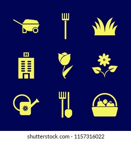 garden vector icons set. with basket apple apricot pear, hotel building, pitchfork and flower in set