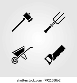 Garden vector icons set. fork, wheelbarrow and axe