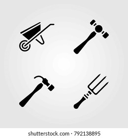 Garden vector icons set. fork, hammer and wheelbarrow