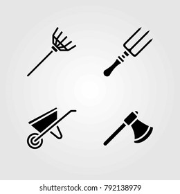 Garden vector icons set. fork, axe and rake