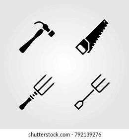 Garden vector icons set. fork, handsaw and hammer