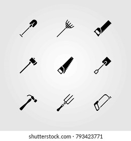 Garden vector icons set. fork, rake and hammer