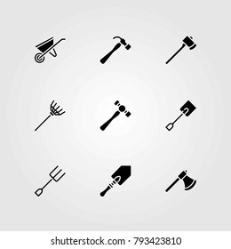 Garden vector icons set. fork, shovel and axe