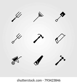 Garden vector icons set. fork, wheelbarrow and rake