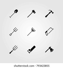 Garden vector icons set. fork, shovel and hammer