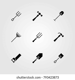 Garden vector icons set. fork, hammer and handsaw