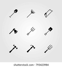 Garden vector icons set. fork, hammer and handsaw