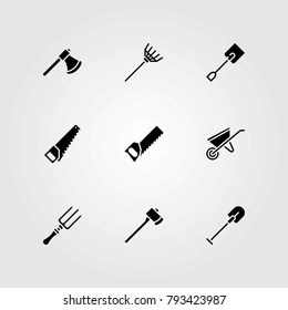 Garden vector icons set. fork, shovel and axe
