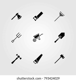 Garden vector icons set. fork, shovel and handsaw