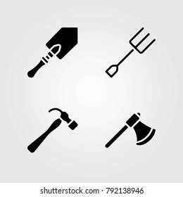 Garden vector icons set. hammer, fork and shovel