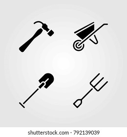Garden vector icons set. hammer, wheelbarrow and shovel