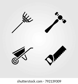 Garden vector icons set. hammer, handsaw and wheelbarrow