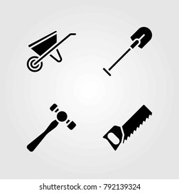 Garden vector icons set. hammer, handsaw and shovel