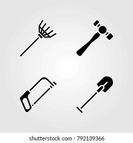 Garden vector icons set. hammer, shovel and rake