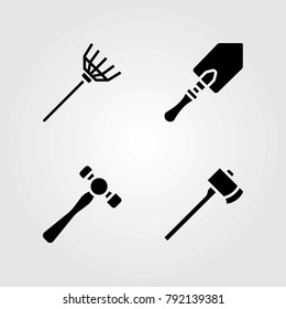Garden vector icons set. hammer, rake and axe