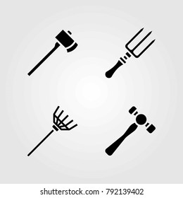 Garden vector icons set. hammer, rake and fork