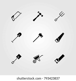 Garden vector icons set. hammer, fork and spade