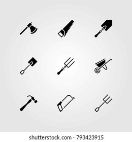 Garden vector icons set. hammer, wheelbarrow and axe