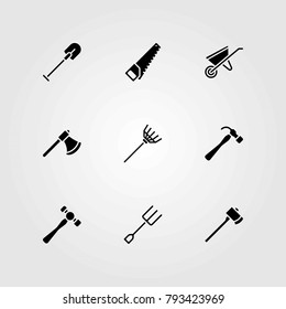 Garden vector icons set. hammer, handsaw and rake