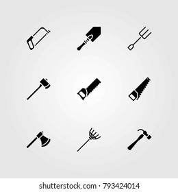 Garden vector icons set. hammer, shovel and handsaw