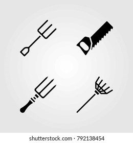 Garden vector icons set. handsaw, rake and fork
