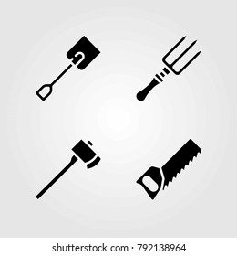 Garden vector icons set. handsaw, axe and spade