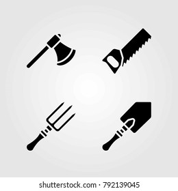 Garden vector icons set. handsaw, shovel and fork