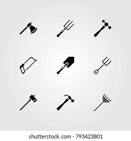 Garden vector icons set. handsaw, hammer and rake