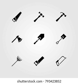 Garden vector icons set. handsaw, spade and rake