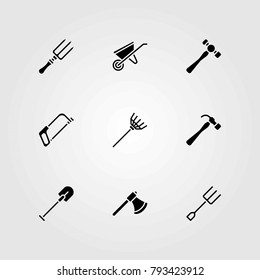 Garden vector icons set. handsaw, fork and hammer