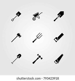 Garden vector icons set. handsaw, spade and hammer