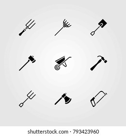 Garden vector icons set. handsaw, axe and fork