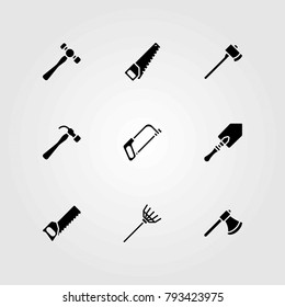 Garden vector icons set. handsaw, axe and shovel