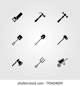 Garden vector icons set. handsaw, shovel and wheelbarrow