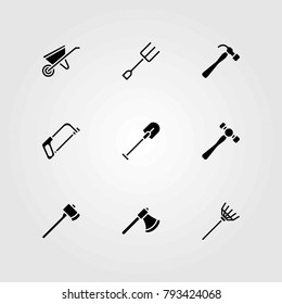Garden vector icons set. handsaw, fork and shovel