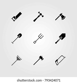 Garden vector icons set. handsaw, fork and axe