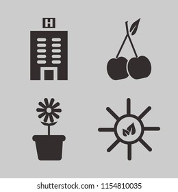 garden vector icons set. with hotel building, cherry, sun leaves and flower pot in set