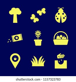 garden vector icons set. with ladybug, hand seeds, flower pot and butterflies in set